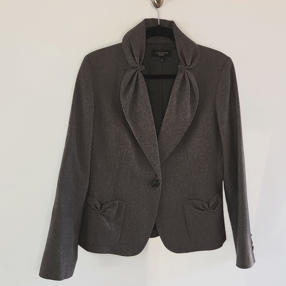 Talbots The Kate Fit 10 Heather Gray Wool Blazer Romantic Ruched Bowlike Details